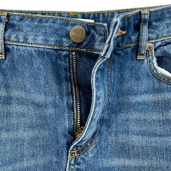LOFT Petite SZ 6P Mini A-Line Jean Skirt Pockets Distressed Slit Frayed Hem Blue - Picture 2 of 6